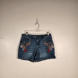 EARL JEAN Denim Shorts Womens 12 Blue Multi Floral Embroidered Boho Festival